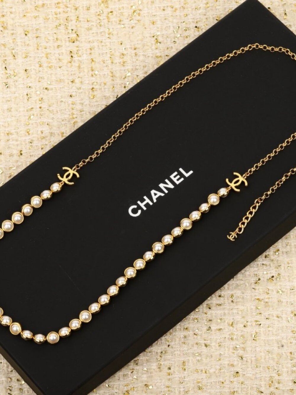 Chanel Gold-Tone Bezel-Set Pearl CC Station Necklace